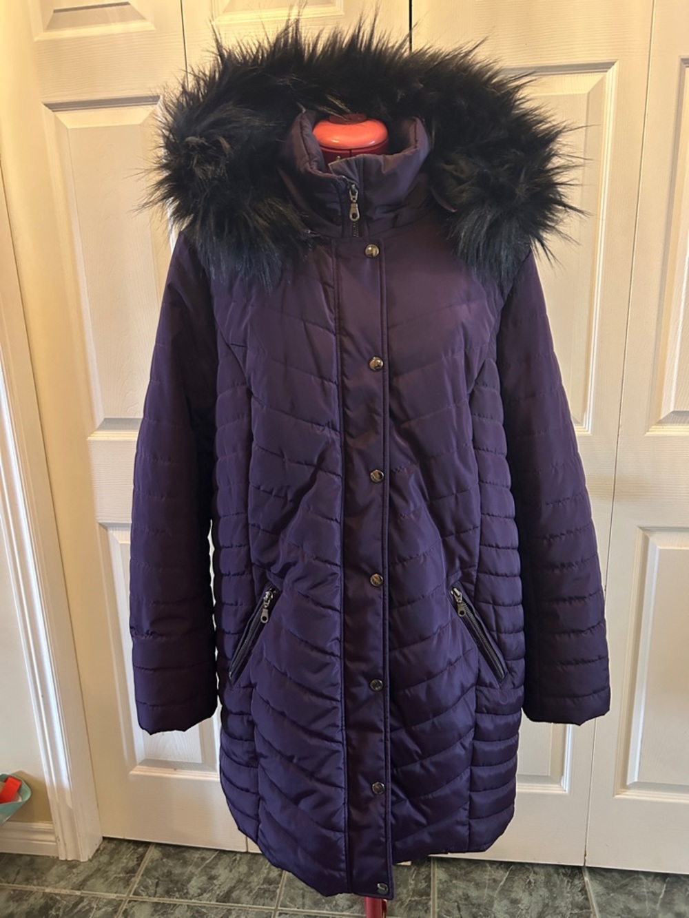 Northern Reflections Quilted Purple Puffer Coat with Faux Fur Hood